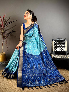 Sky Blue Pearl Ikkat Dola Silk Saree