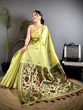 Heritage Minakari Butti Khadi Linen Saree