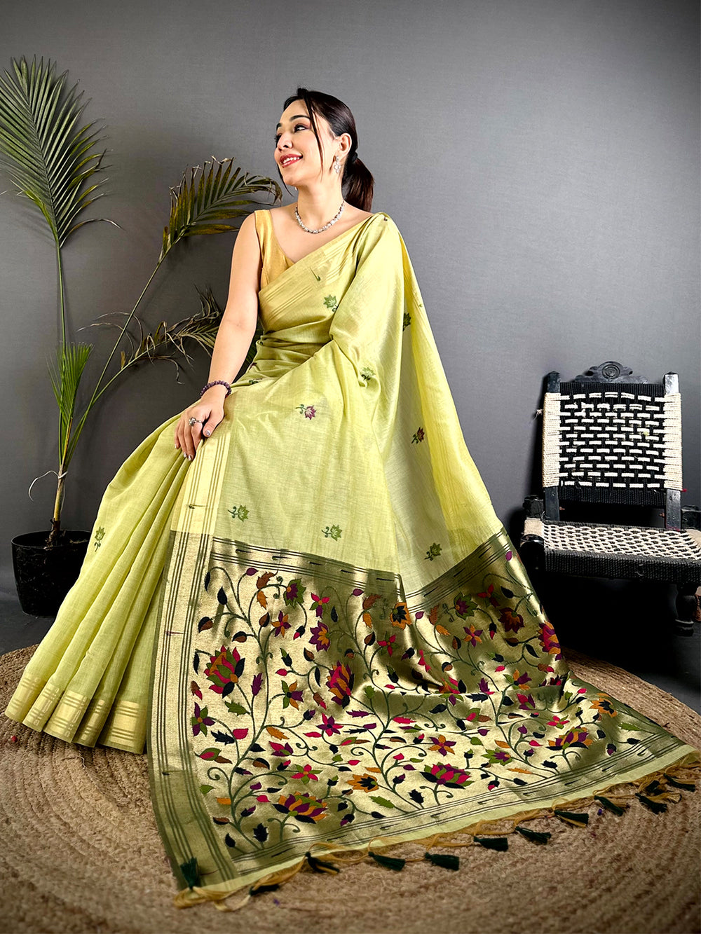 Heritage Minakari Butti Khadi Linen Saree