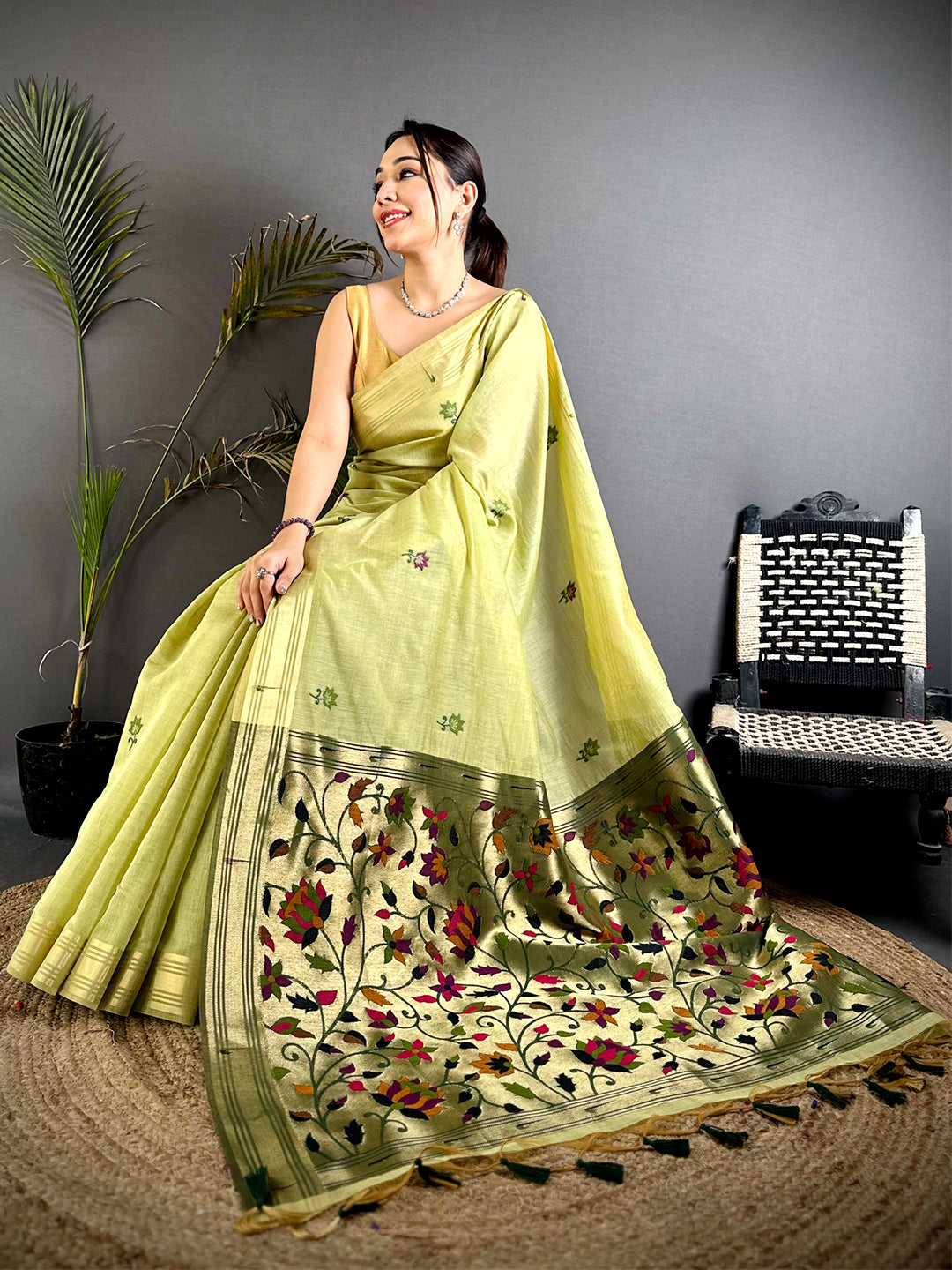 Heritage Minakari Butti Khadi Linen Saree