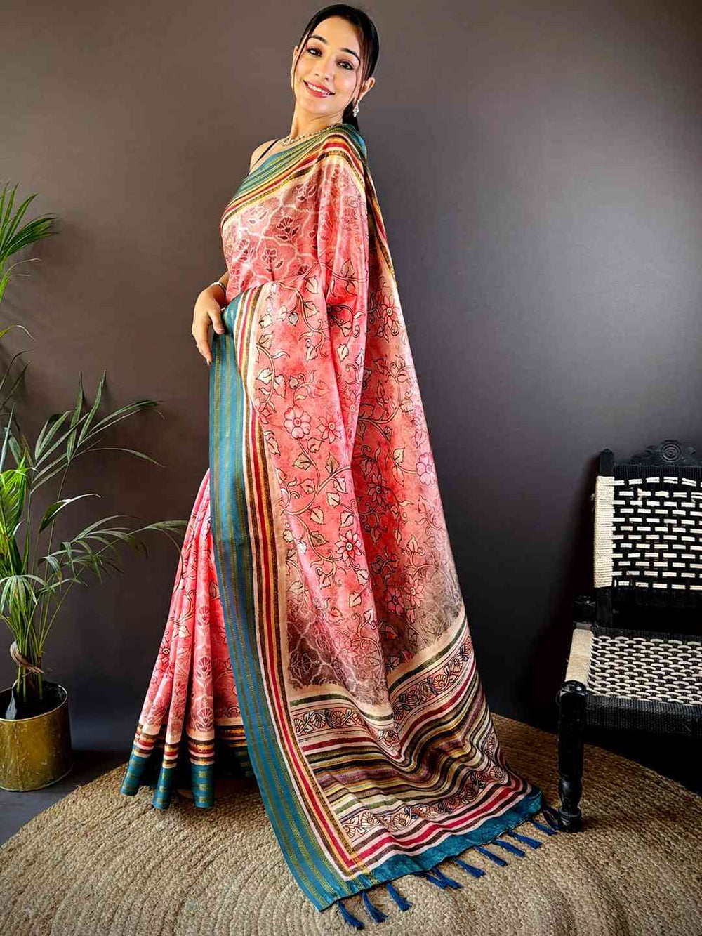 Baby Pink Kalamkari Floral Printed Silk Saree