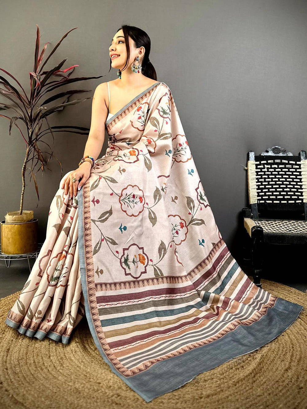 Peach Floral Soft Tussar Saree