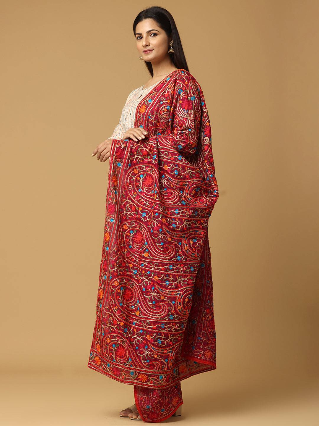 Side view of wine poly chiffon pashmina dupatta with intricate design