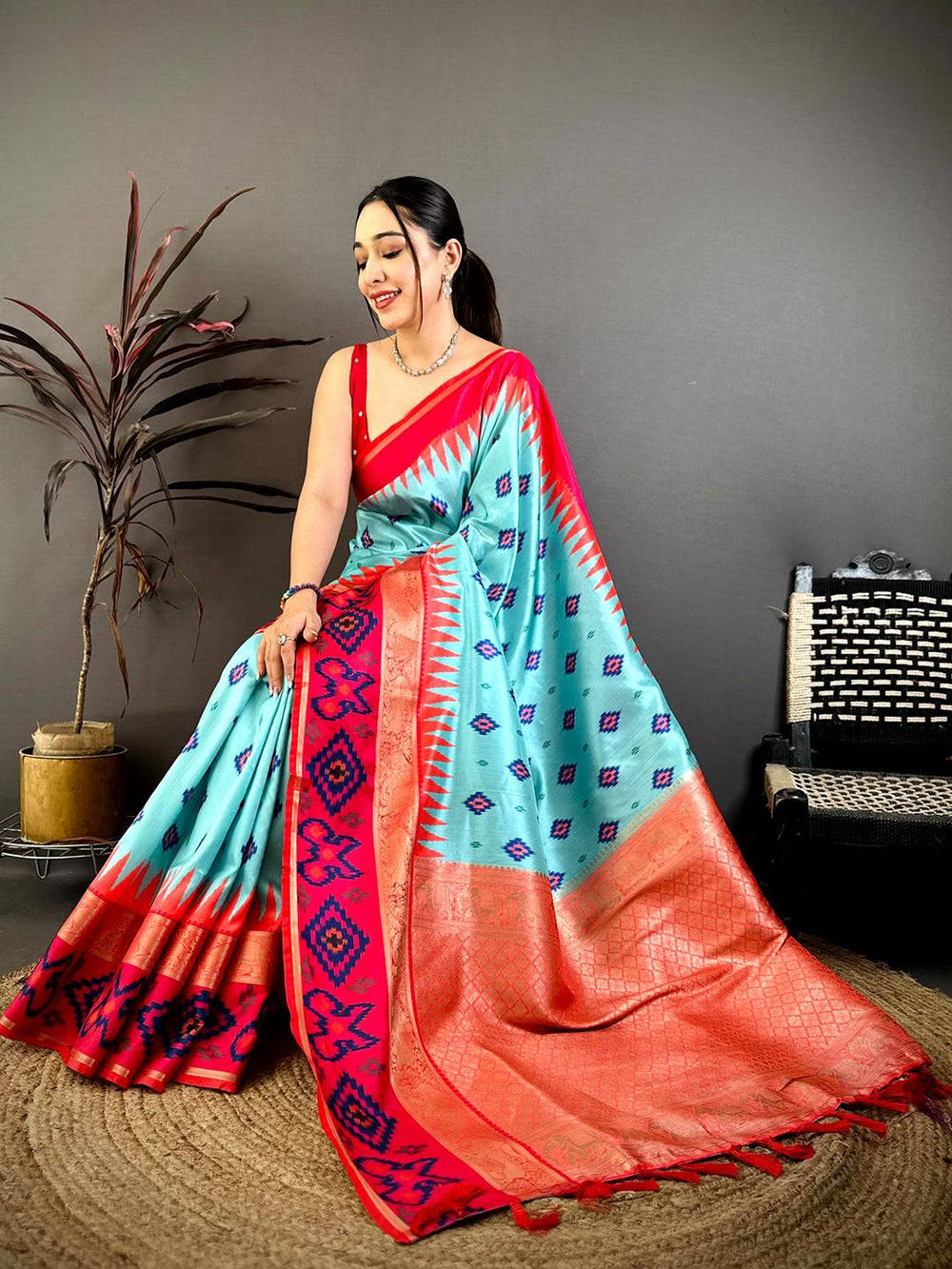 Turquoise Contrast Satin Ikat Zari Silk Saree