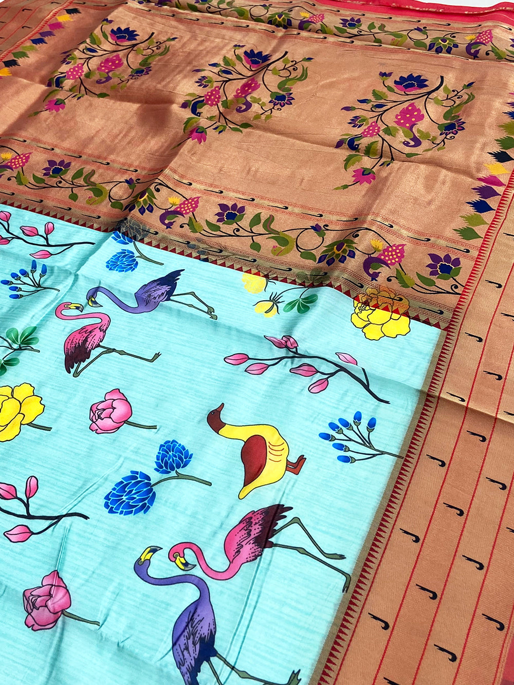 Turquoise Paithani Pallu Digital Print Saree