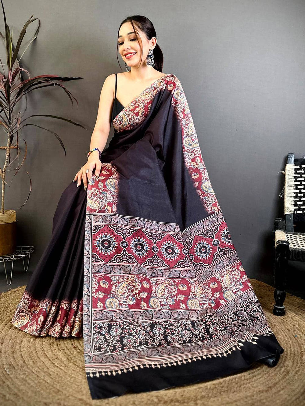 Classic Ajrakh Print Tussar Saree