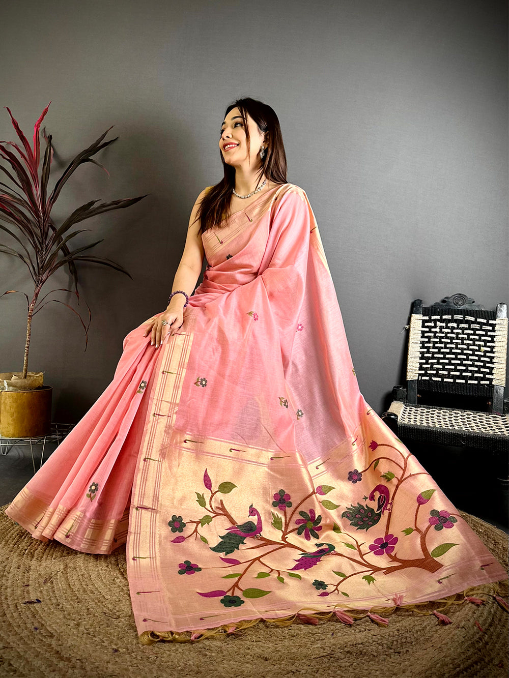 Pink Sunflower Minakari Khadi Saree


