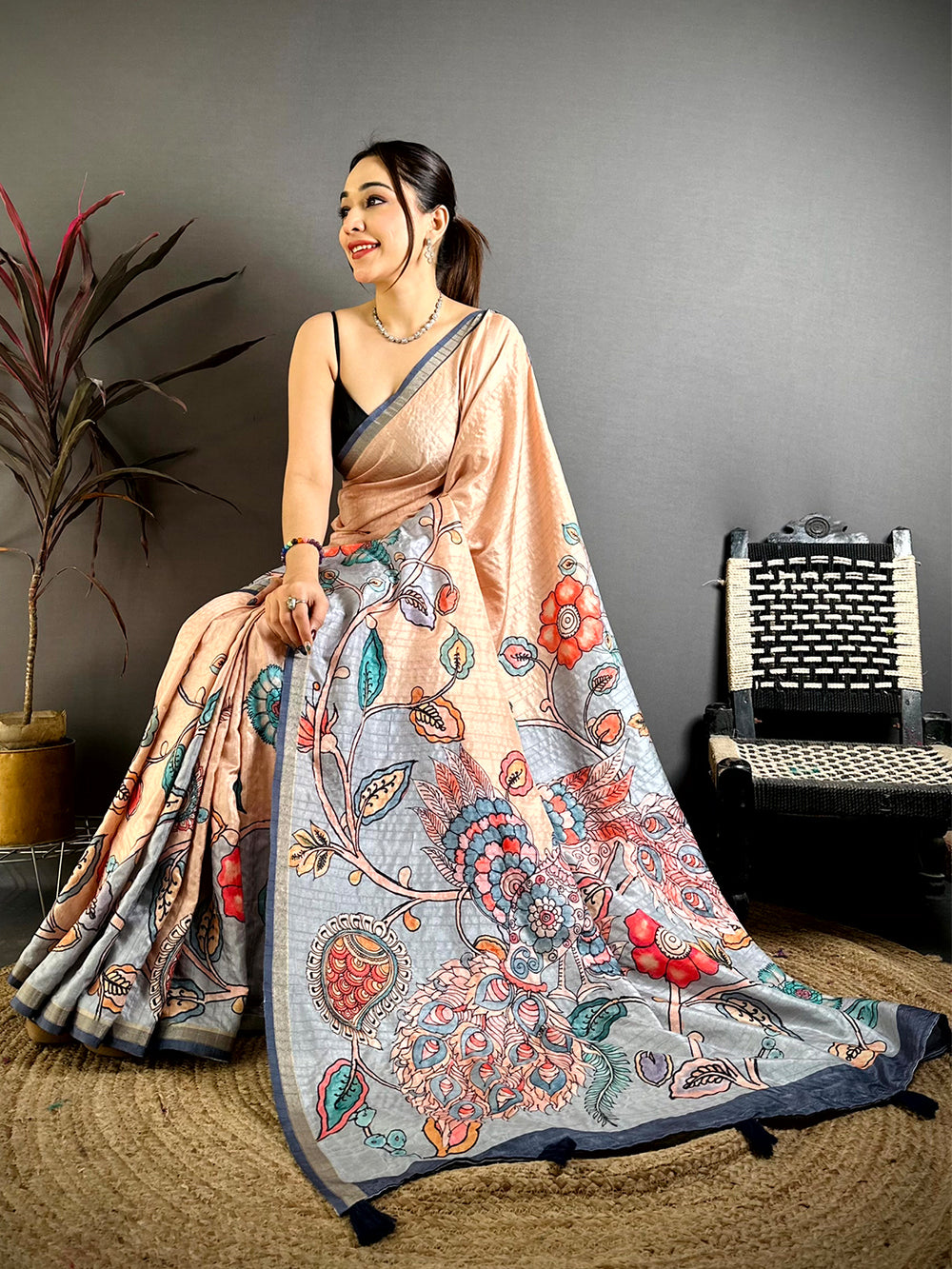 Tradition Tussar Ghicha Kalamkari Saree