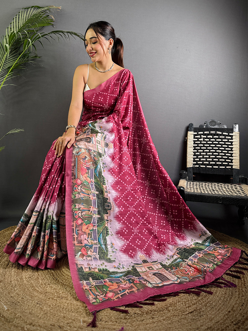 Magenta Kalamkari Digital Printed Saree