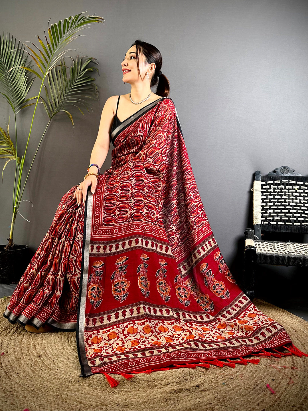 Red Ikkat Ajrakh Print Viscose Saree