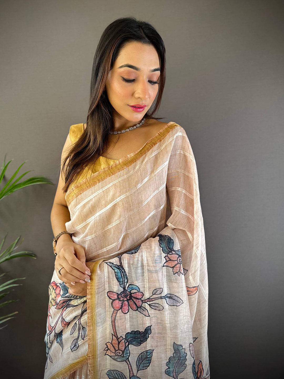 Floral Elegance Linen Chanderi Saree with Kalamkari motifs