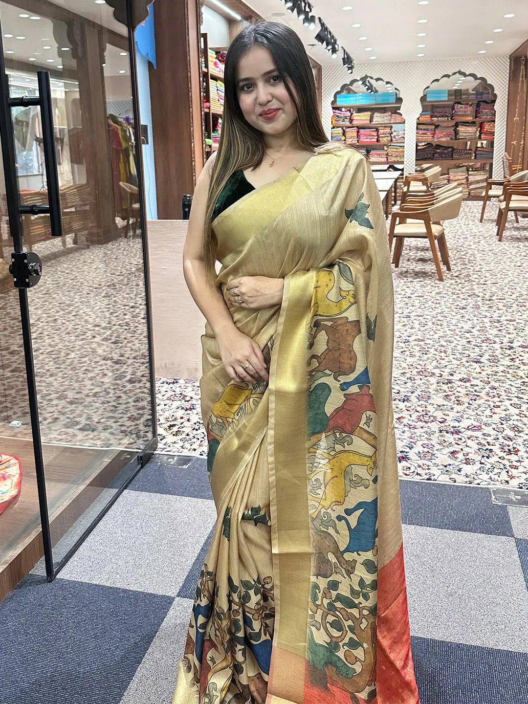 Model wearing Kalamkari Linen Tissue Soft Saree in store