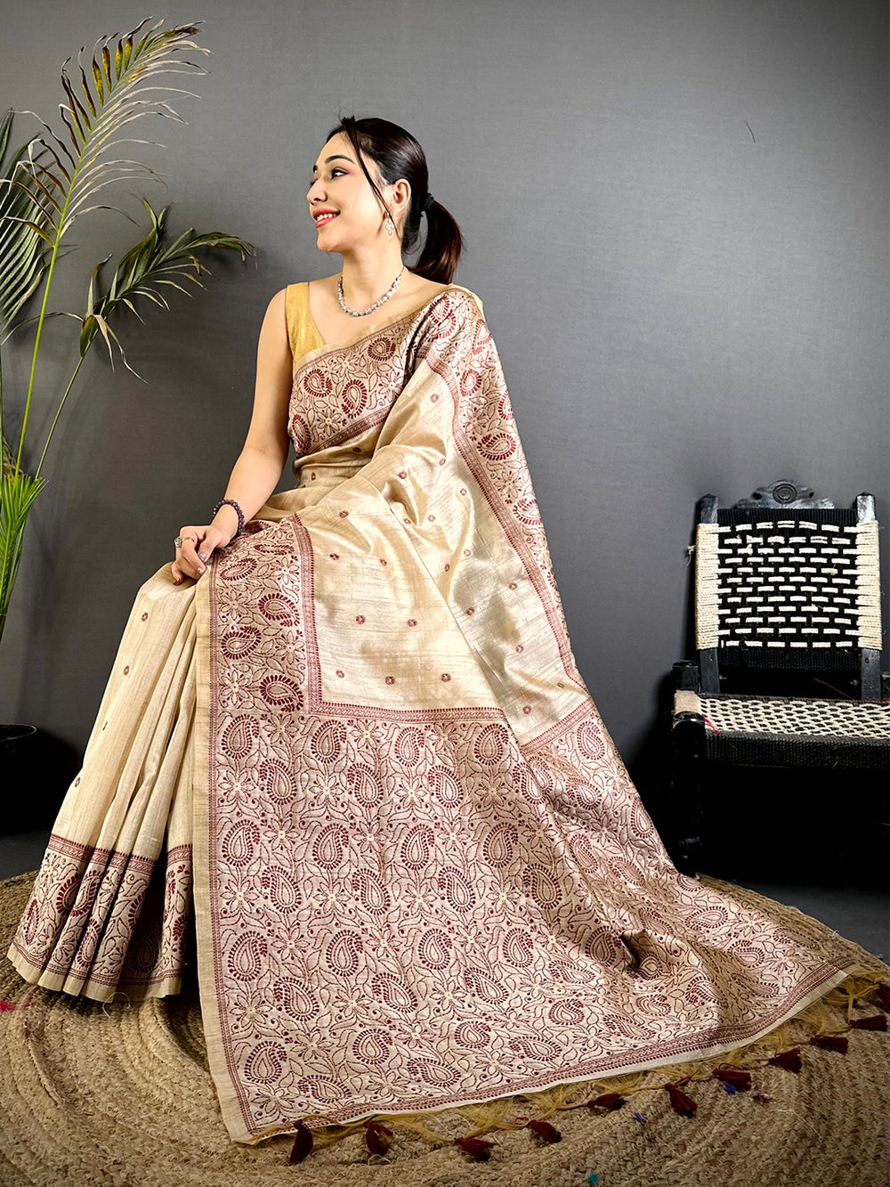 Maroon Floral Katha Ghicha Silk Saree