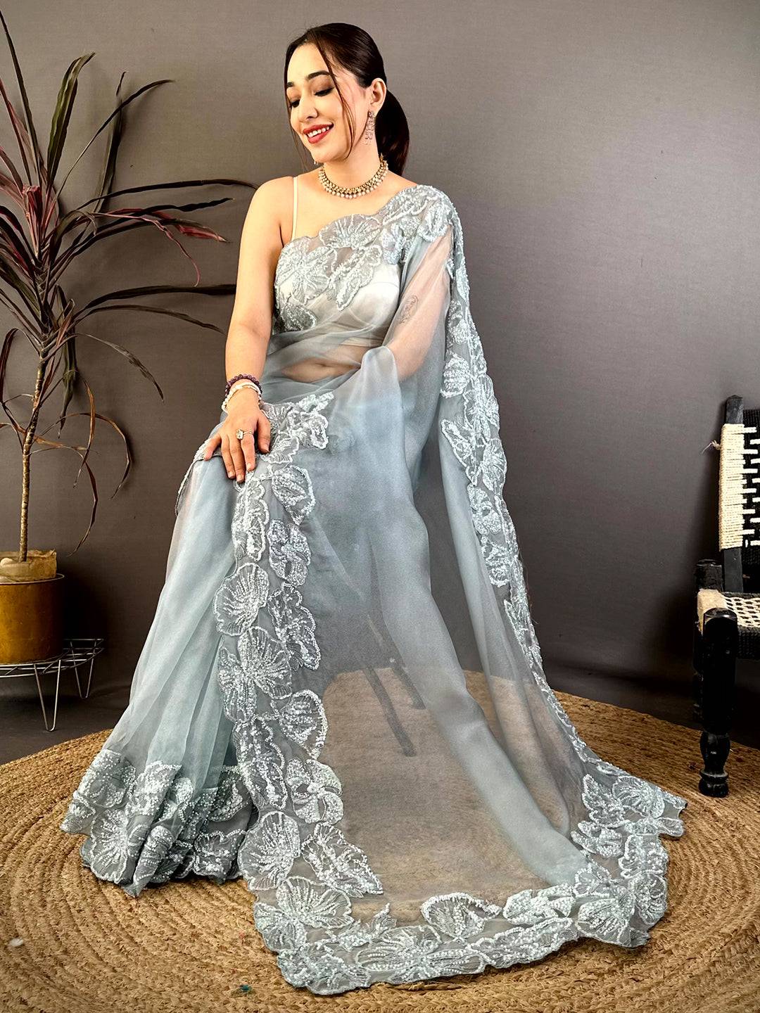 Radiant Heavy Pearl Work Organza Saree