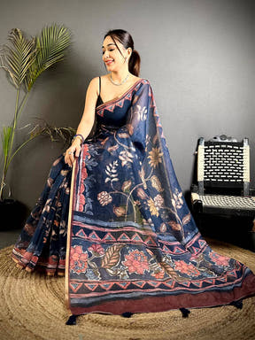 Radiant Floral Hand Art Linen Saree


