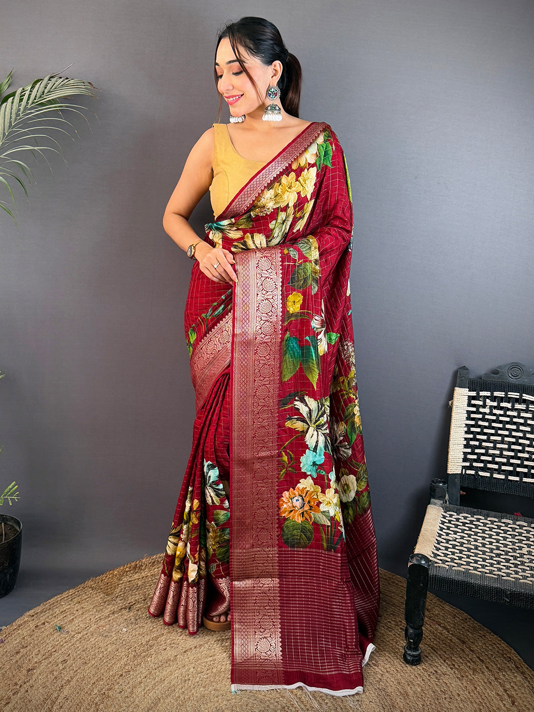 Deep Maroon Pure Viscose Checked Saree