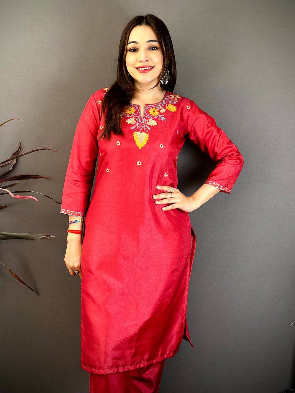 Brick Red Ari Work Cotton Zari Kurti