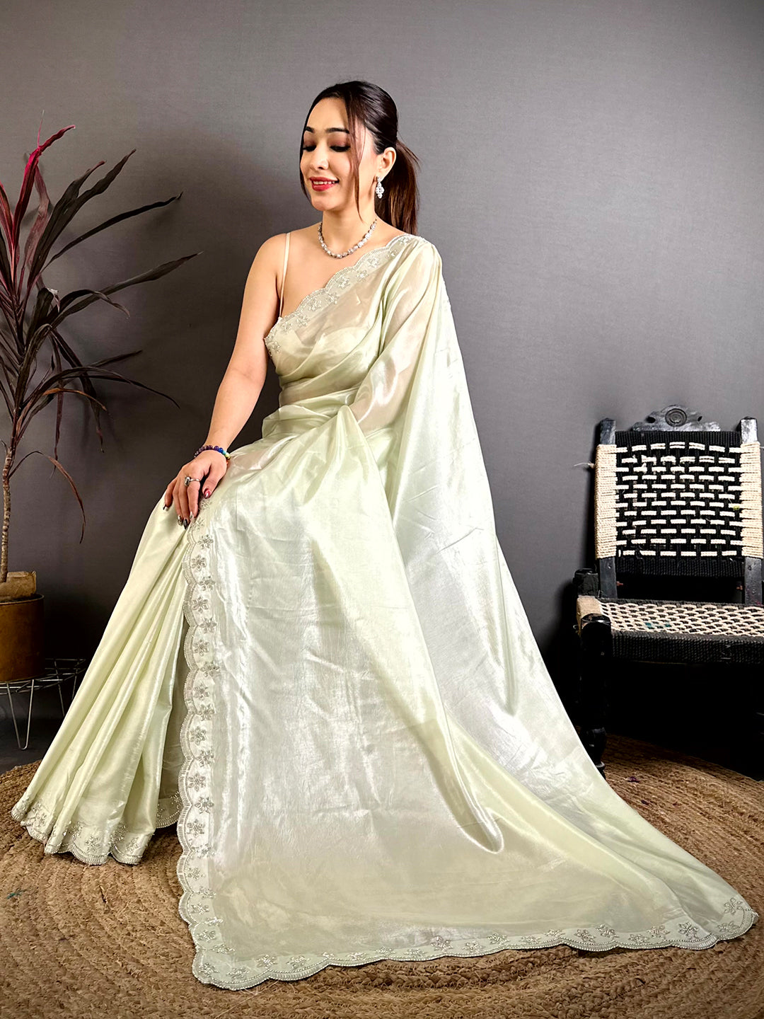 Stylish Silver Glass Swarovski Silk Saree