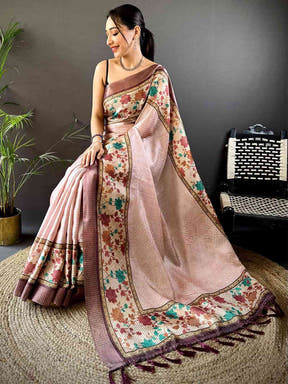 Baby Pink Soft Silk Floral Digital Saree