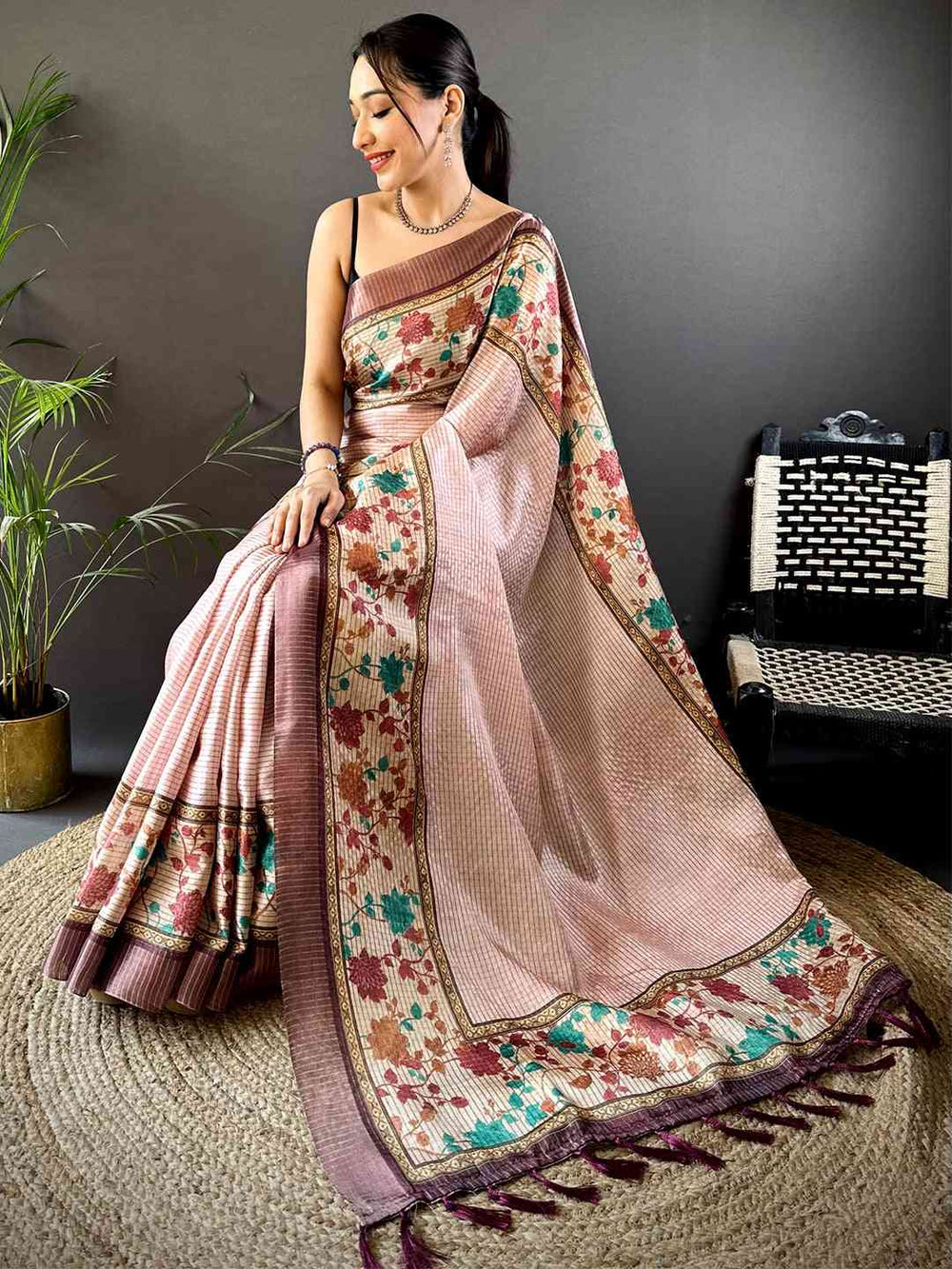 Baby Pink Soft Silk Floral Digital Saree