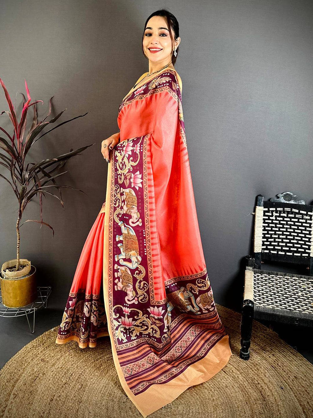 Red Tanjore Elephant Tussar Saree
