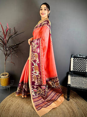 Red Tanjore Elephant Tussar Saree
