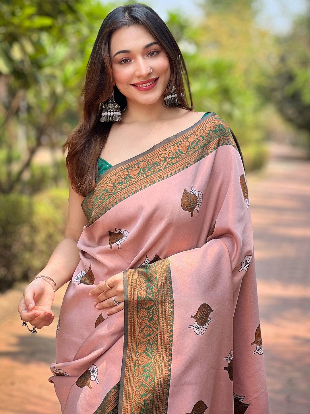 Light pink Kanjivaram saree with gold zari weaving, front view