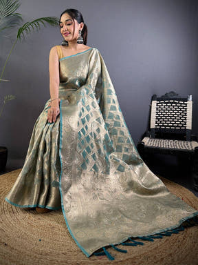 Blue Tissue Jarokha Zari Weaving Saree