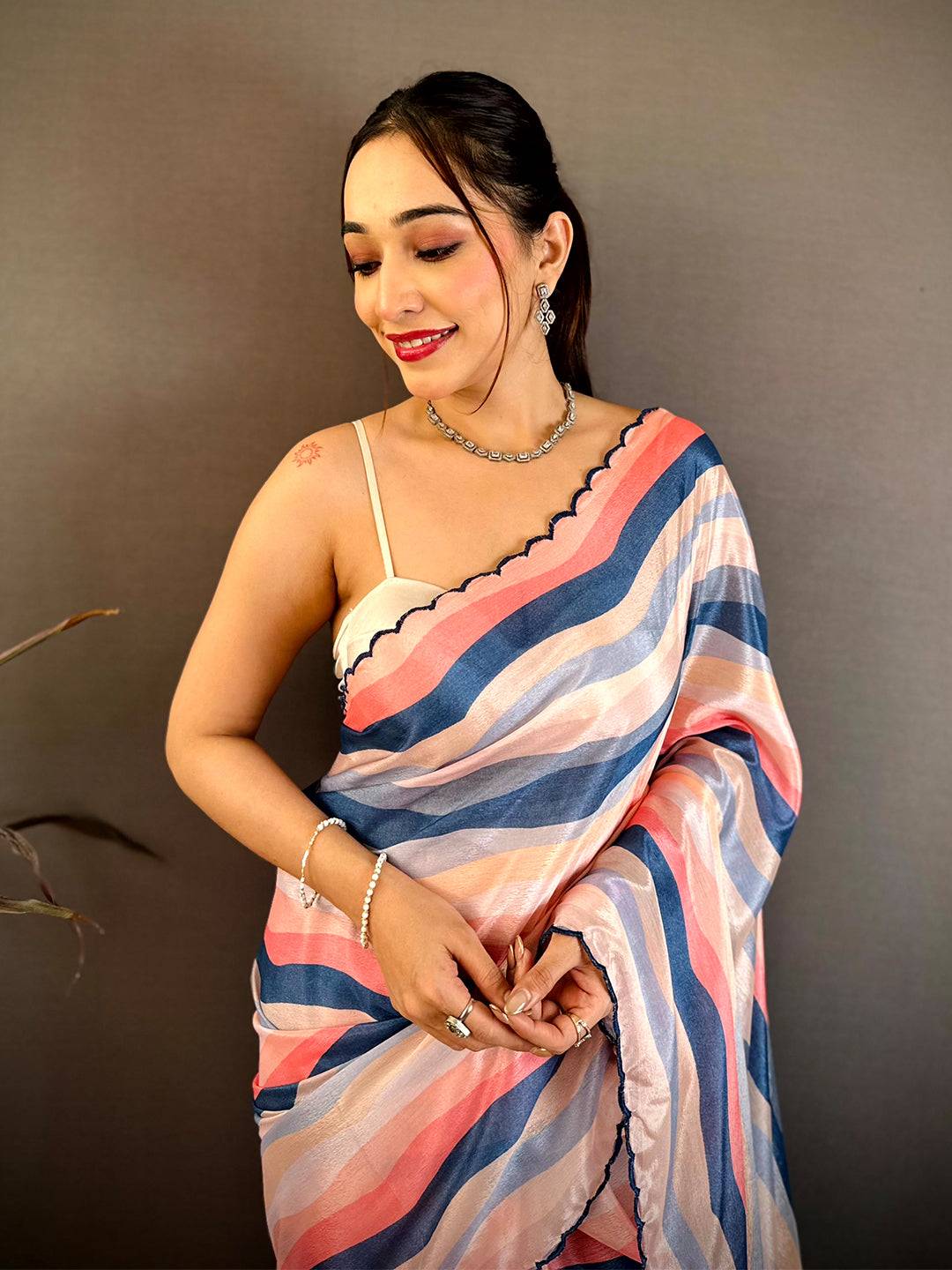 Stylish Soft Chiffon Striped Cutwork Saree