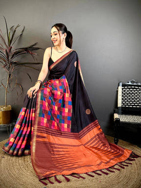 Classic Multi Colour Box Panel Soft Silk Saree