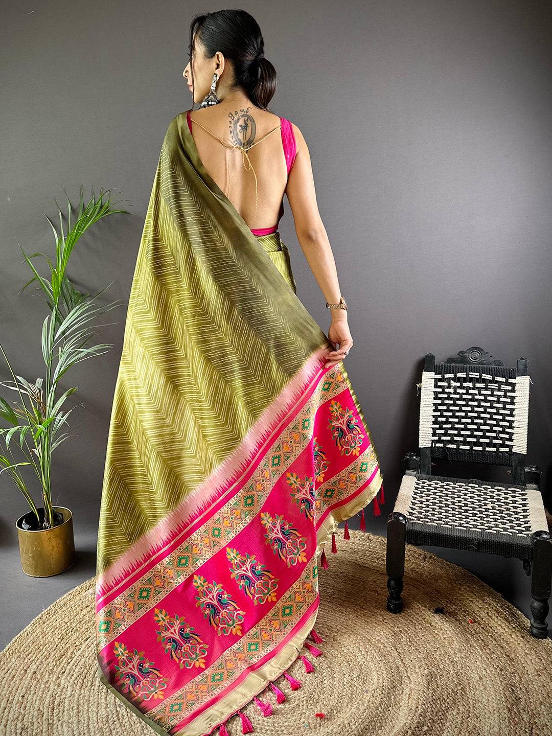 Olive Leheriya Gamthi Silk Sarees