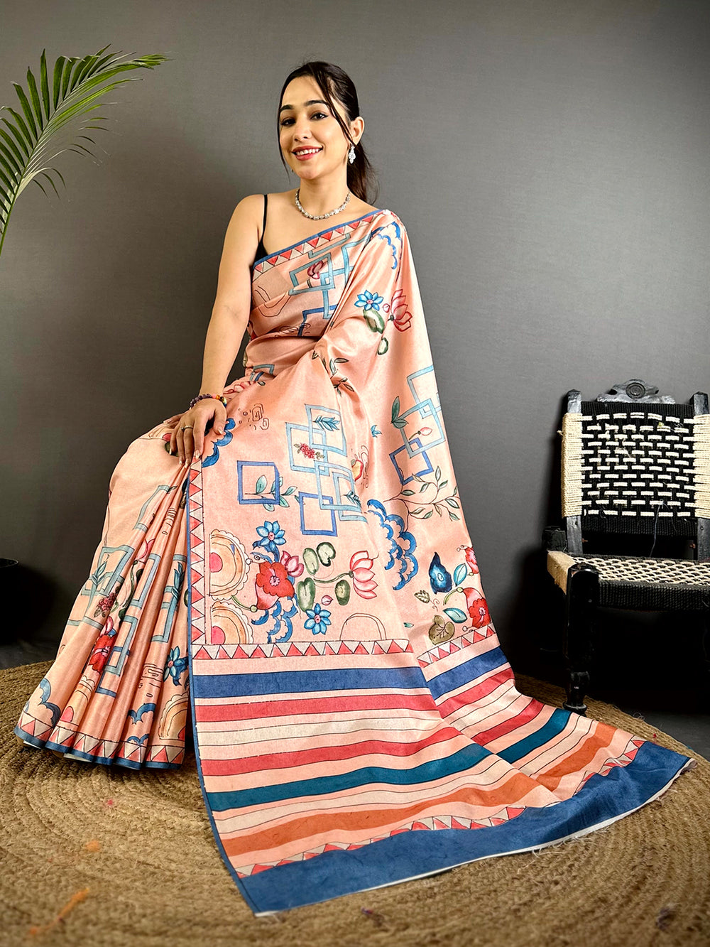 Peach Semi Tussar Striped Pallu Saree


