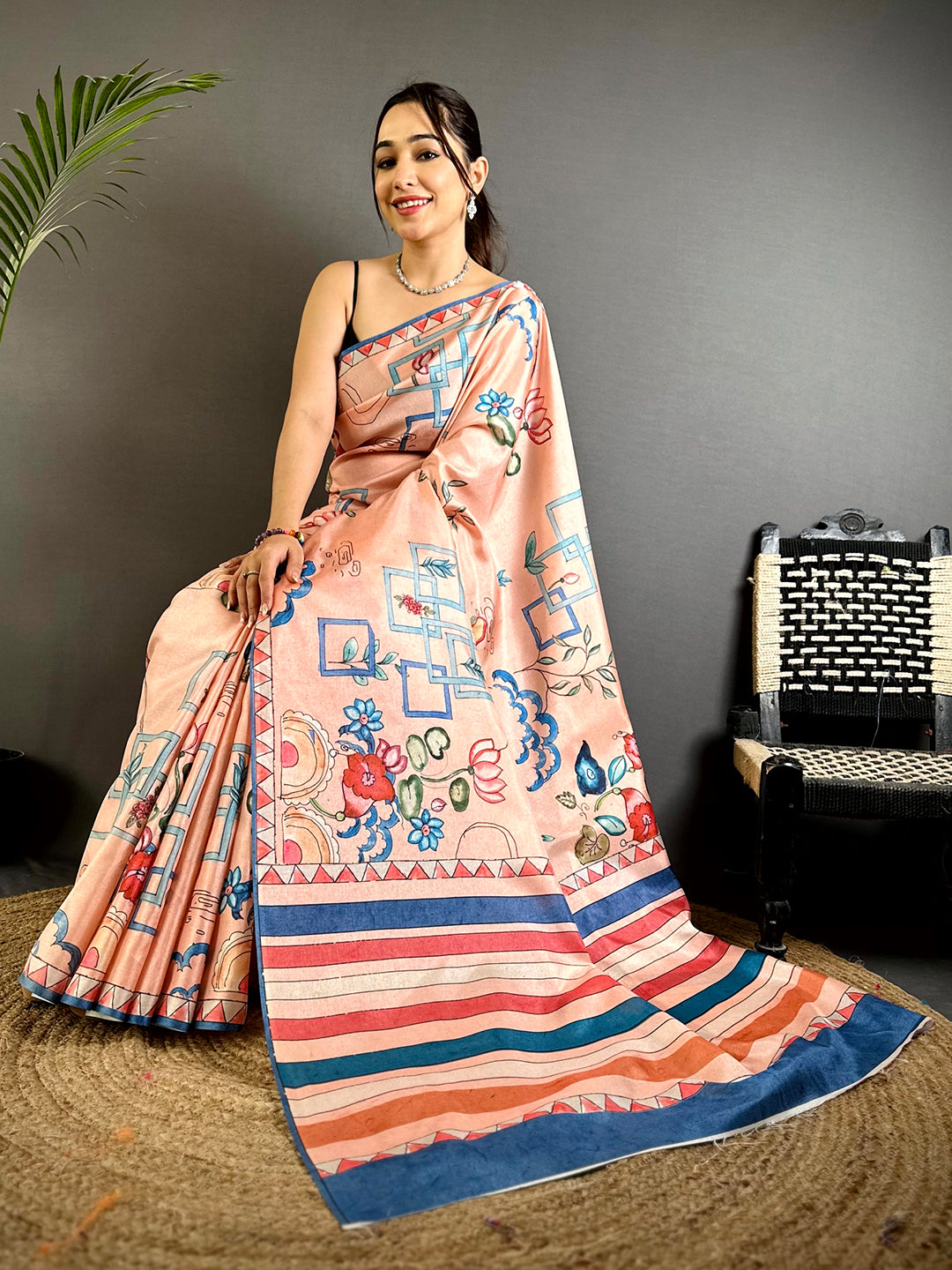 Peach Semi Tussar Striped Pallu Saree


