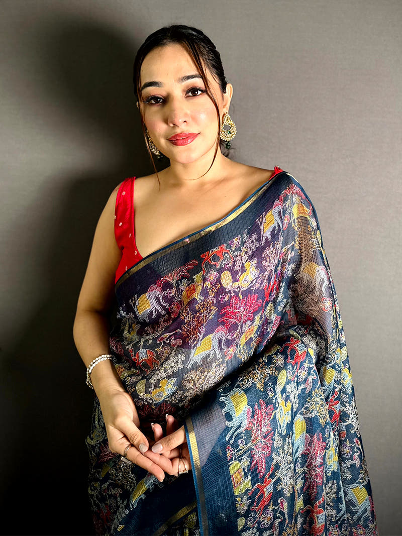 Navy Kota Doriya Kalamkari Print Saree