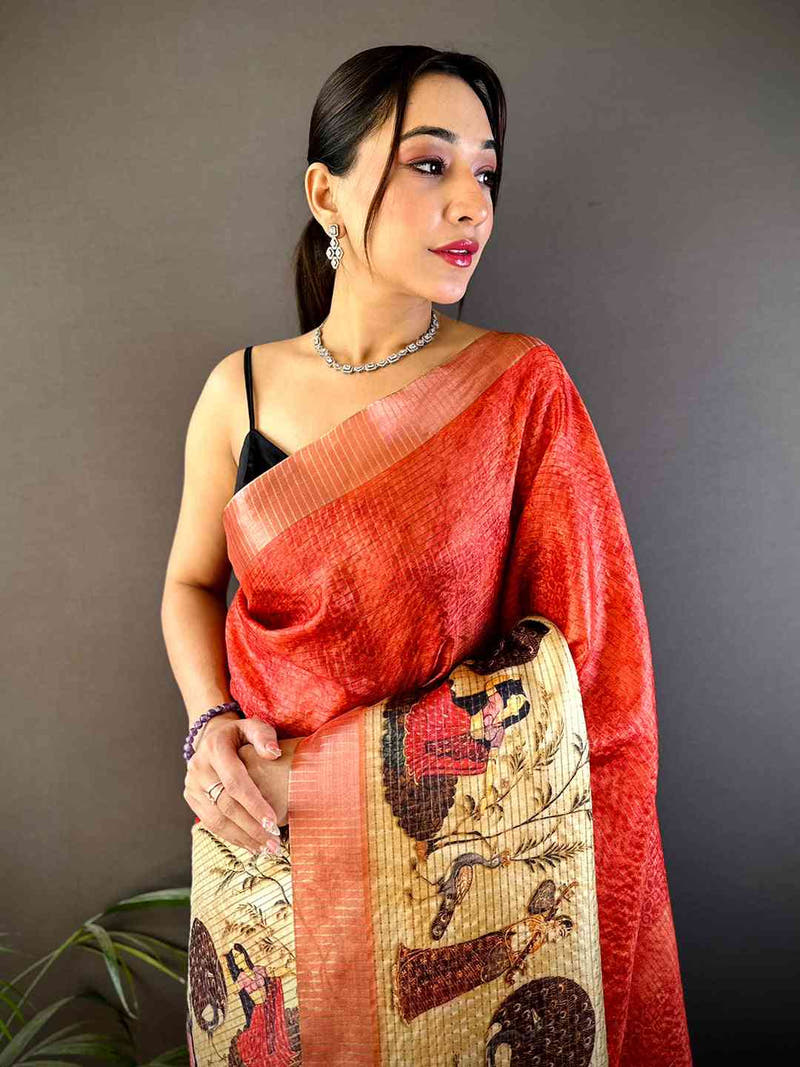 Red Kalamkari Pichwai Black Check Saree