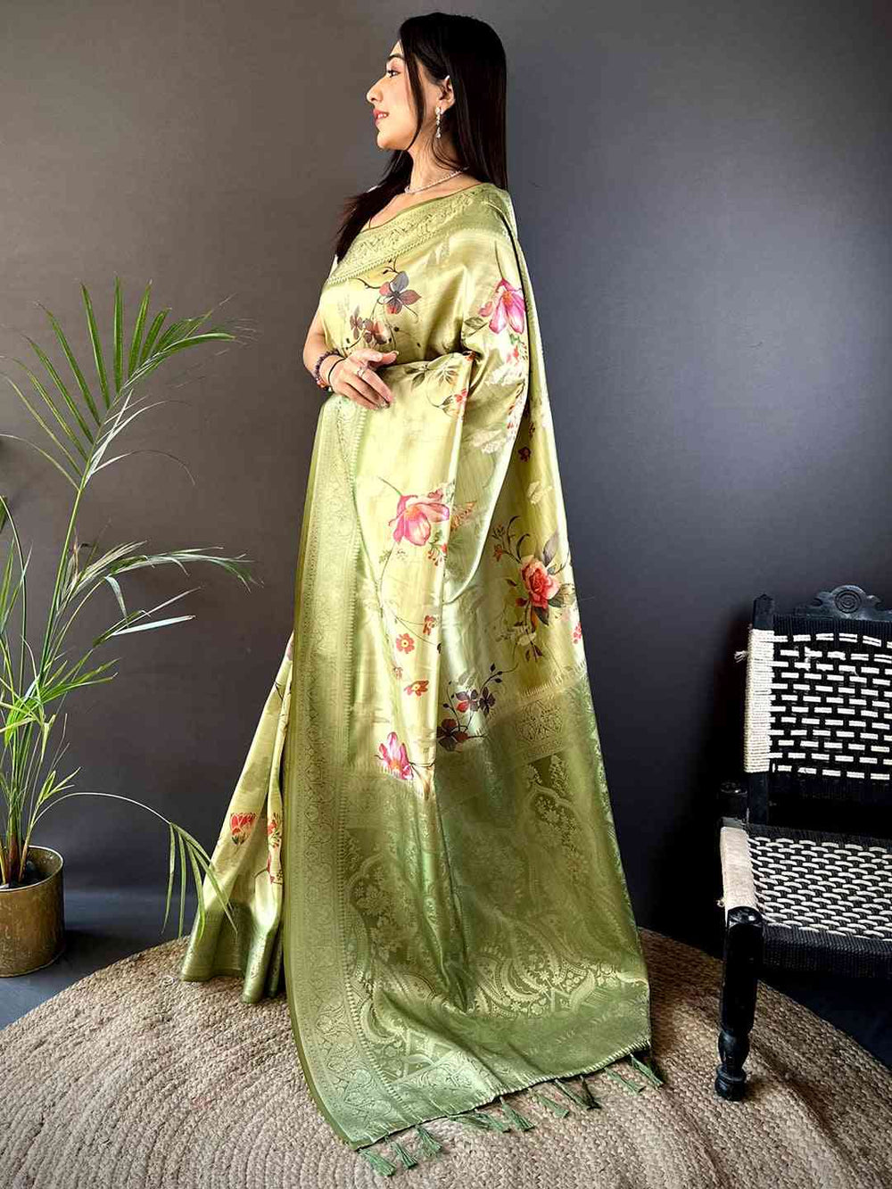 Olive Bamboo Silk Floral Saree