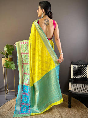 Lime Yellow Katan Silk Ikkat Saree