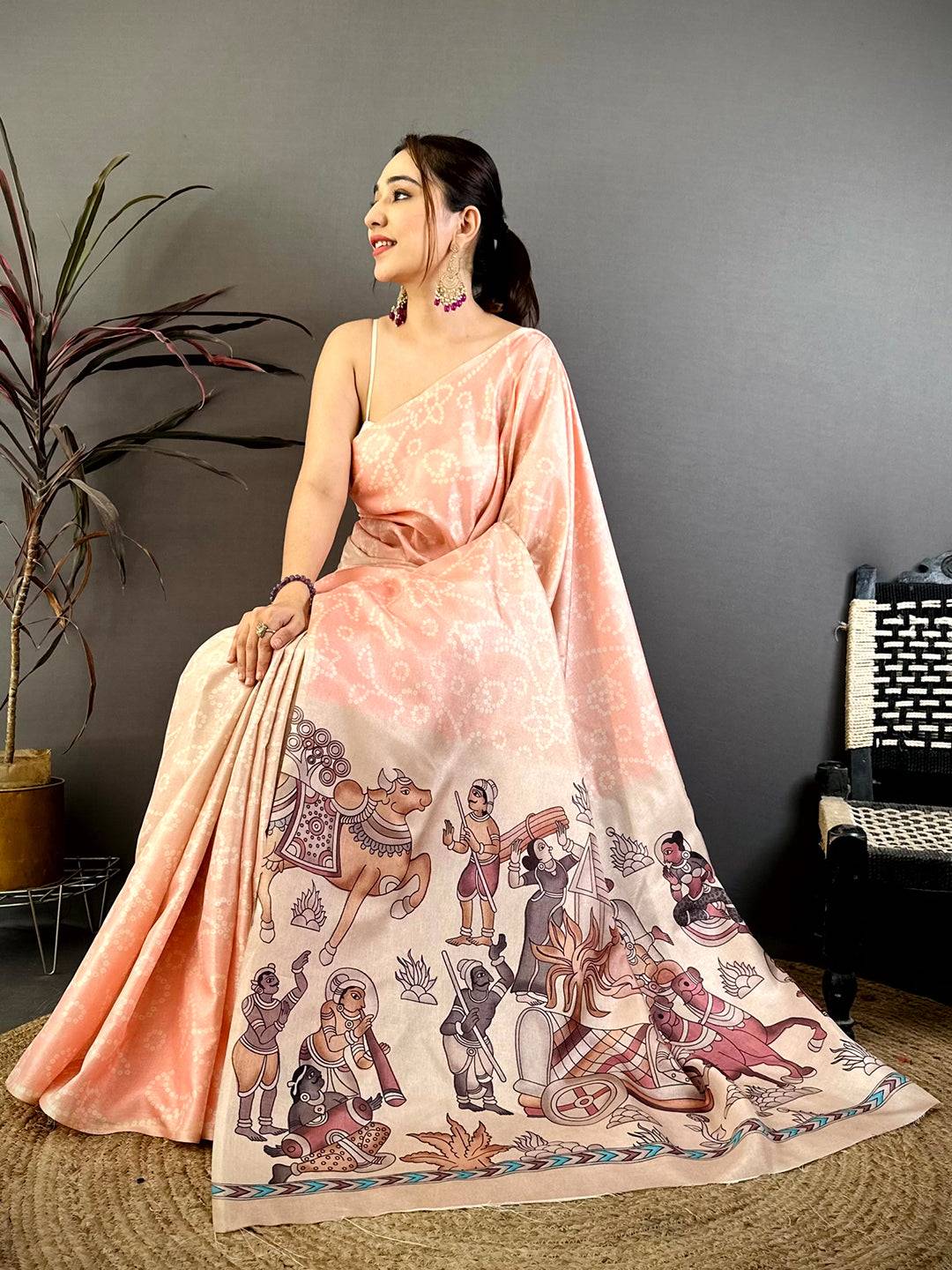 Peach Kalamkari Bandhej Chiffon Saree