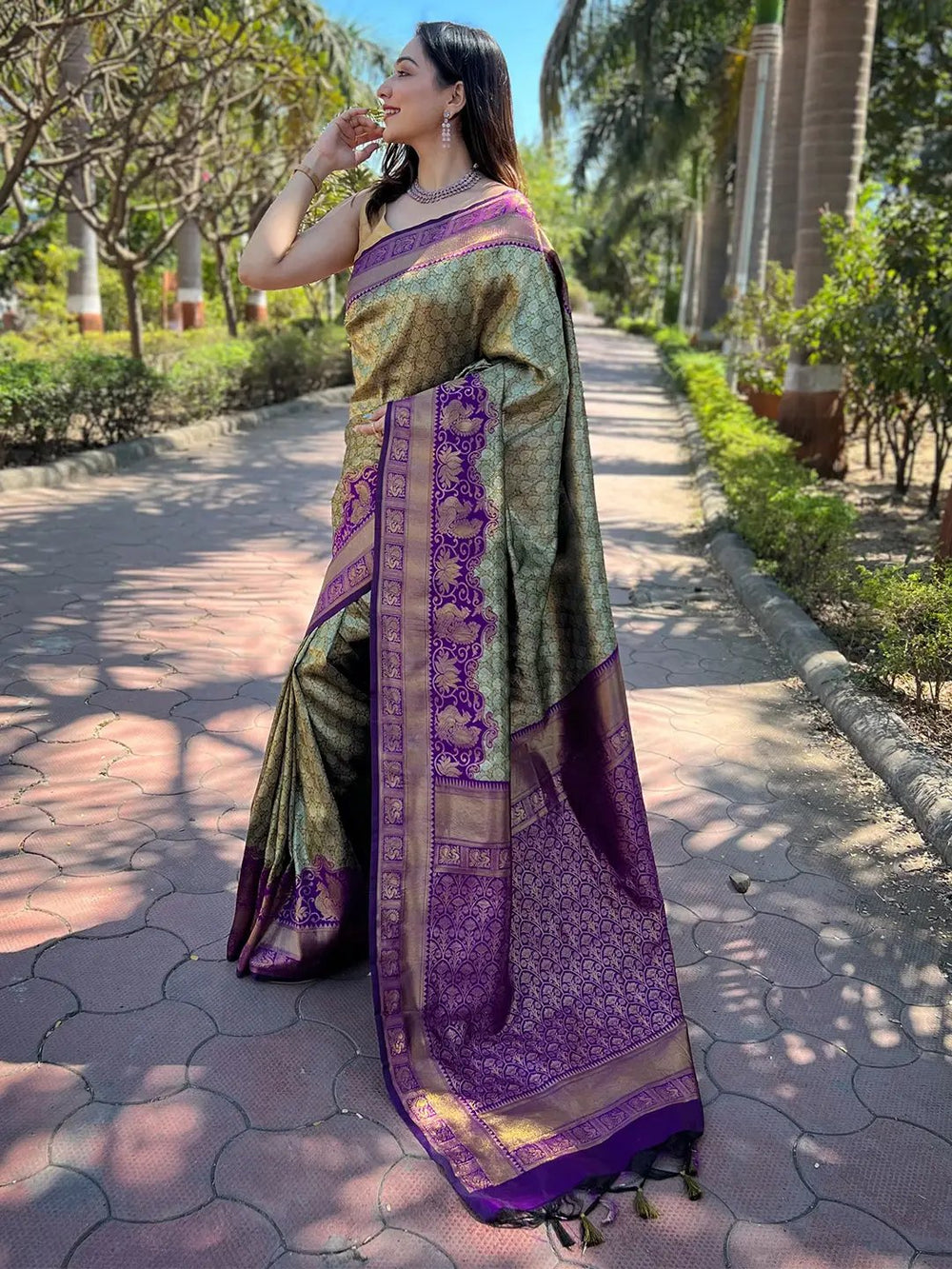 Stylish one gram gold tissue Kanjivaram saree in sunlight