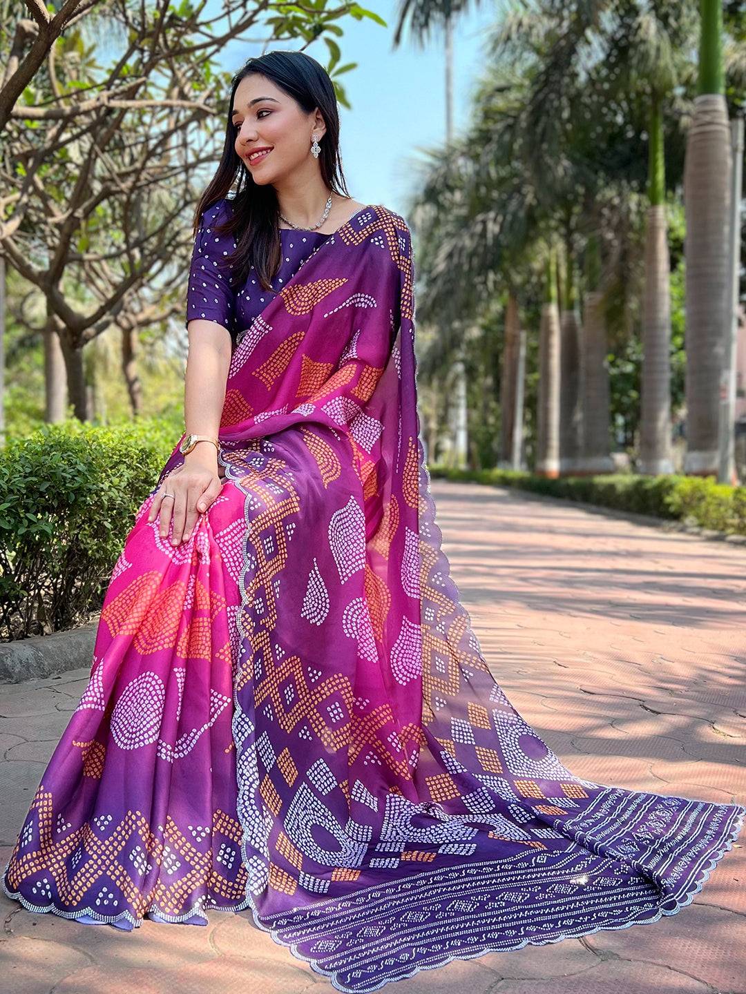 Georgette Silk Saree with Ombre Bandhej Print & Stone Work