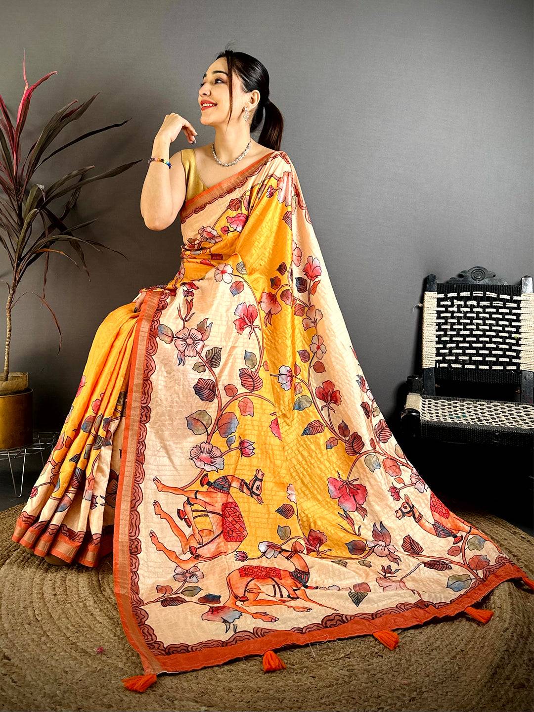 Artistic Kalamkari Art Print Saree