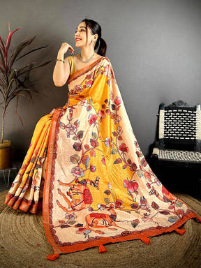 Artistic Kalamkari Art Print Saree