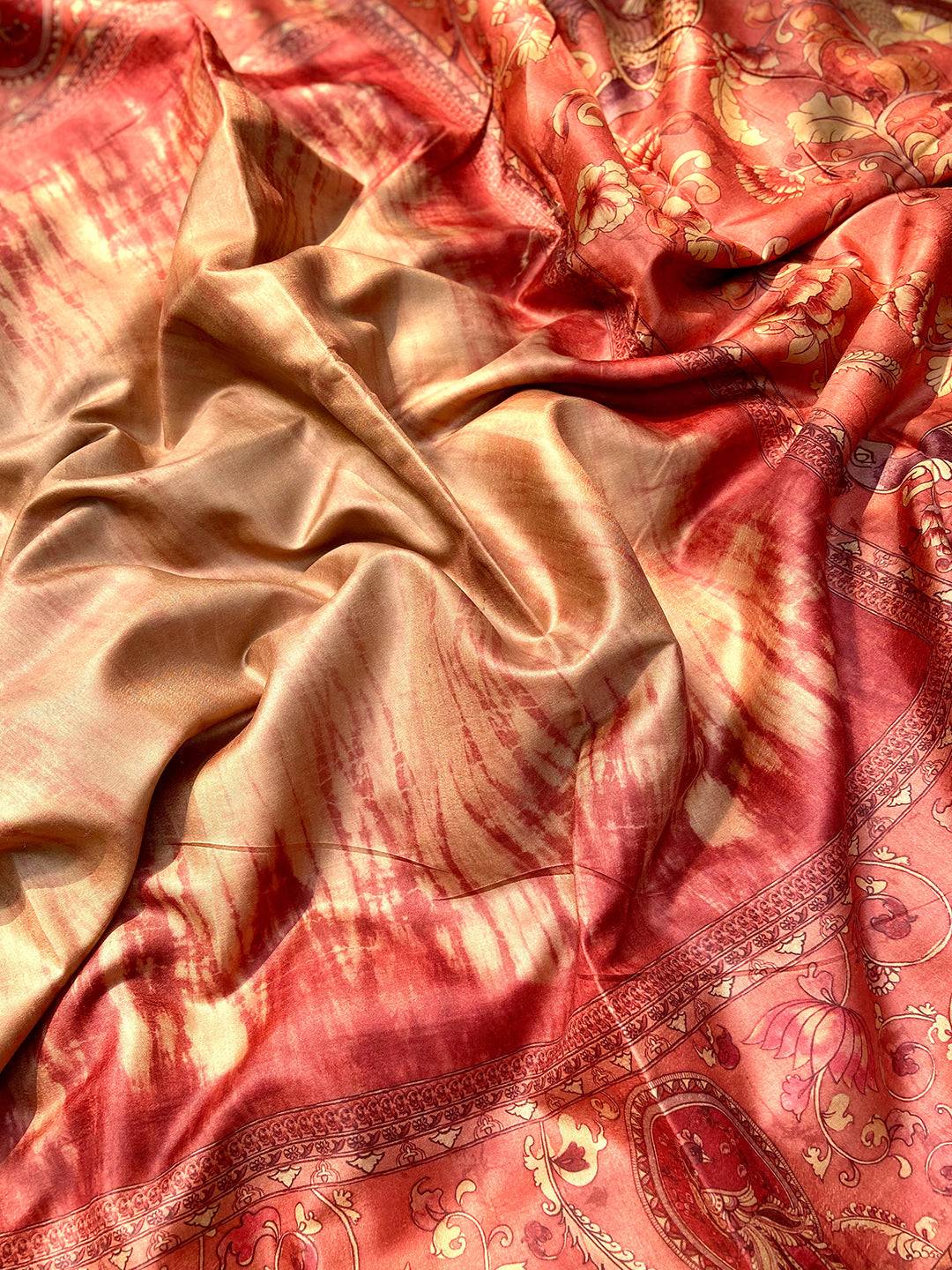 Maroon Colour Tussar Silk Saree With Batik and Kalamkari Print Border