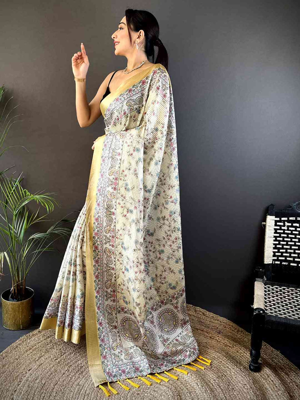 Off White Chanderi Madhubani Black Chex Saree