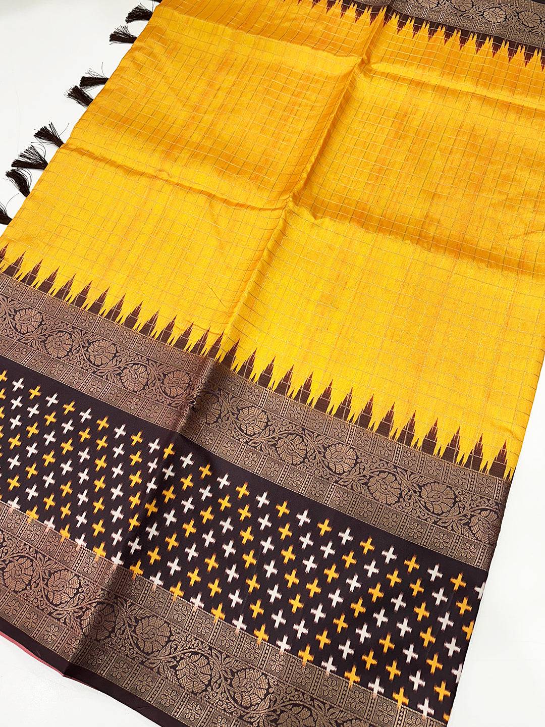 Yellow Chex Ikkat saree showcasing double border pattern