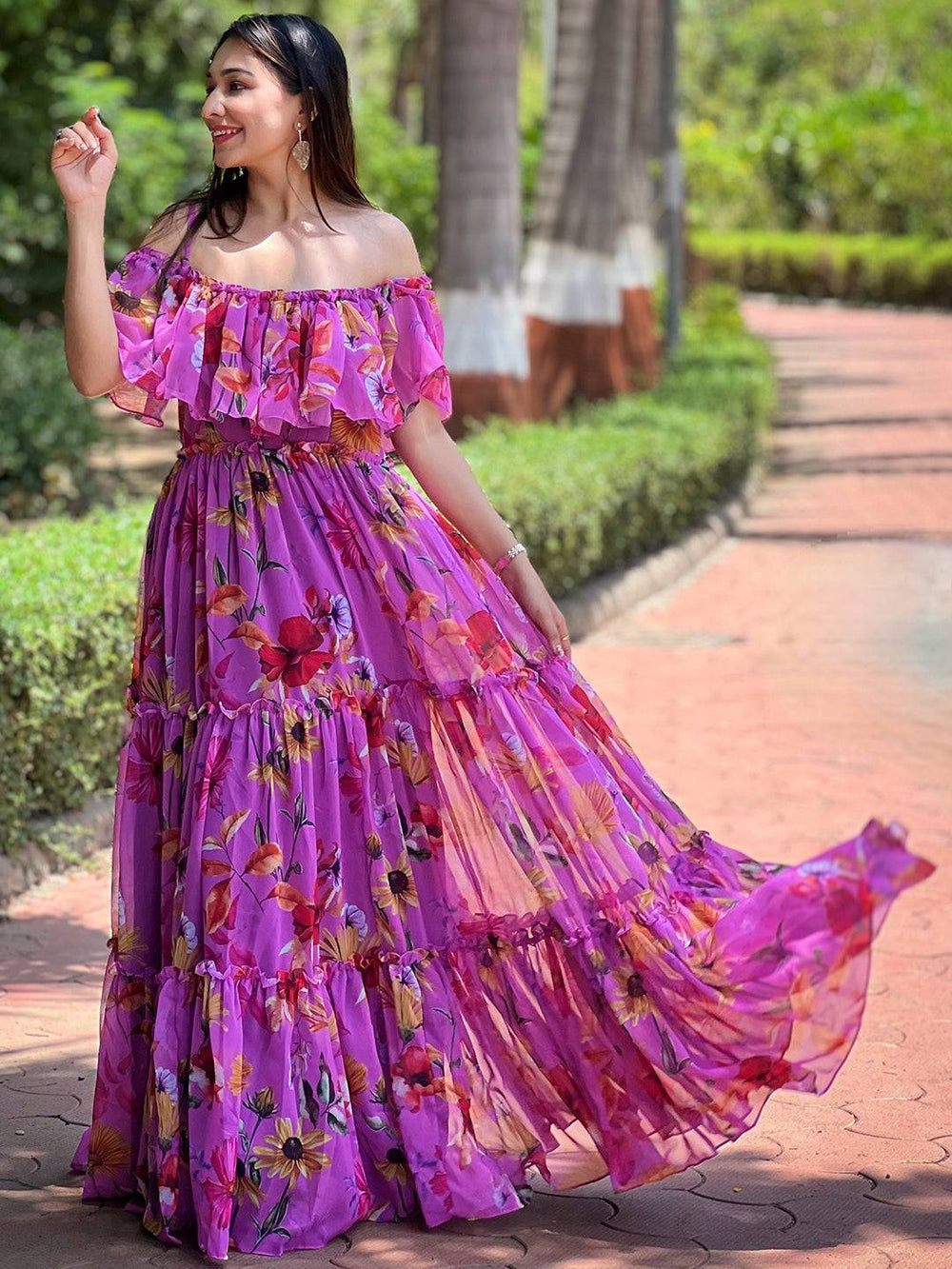 Woman in Orchid Bloom Off-shoulder Dress outdoors