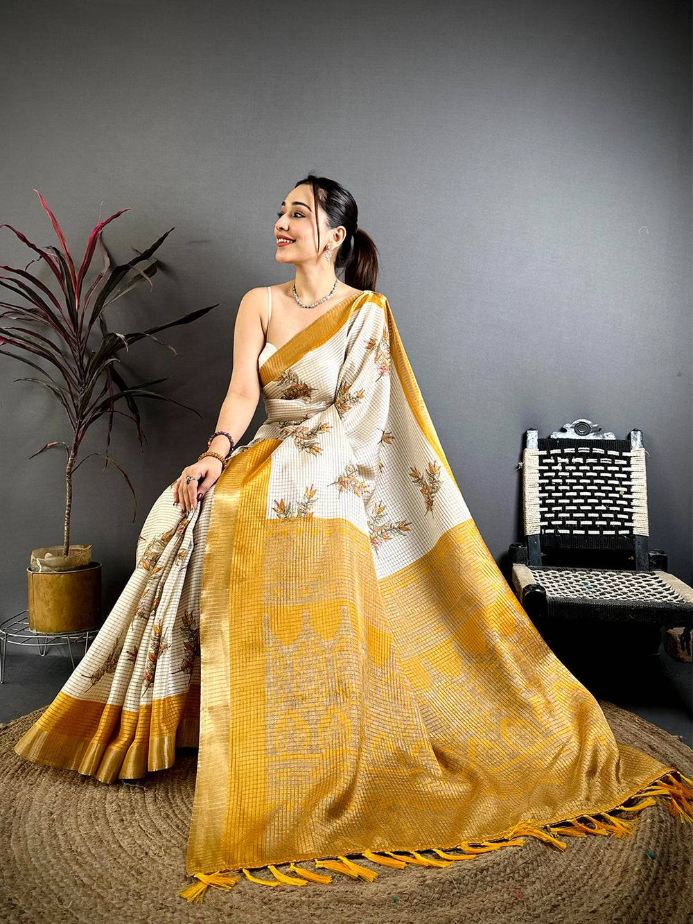 Yellow Leaf Minakari Tussar Saree