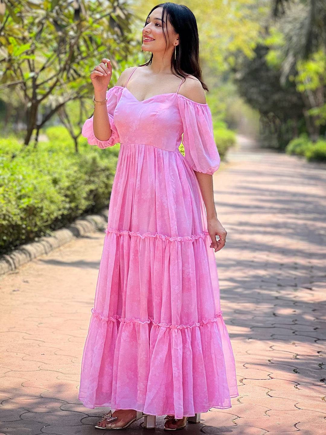 Chic rose pink floral dress with off-shoulder sleeves