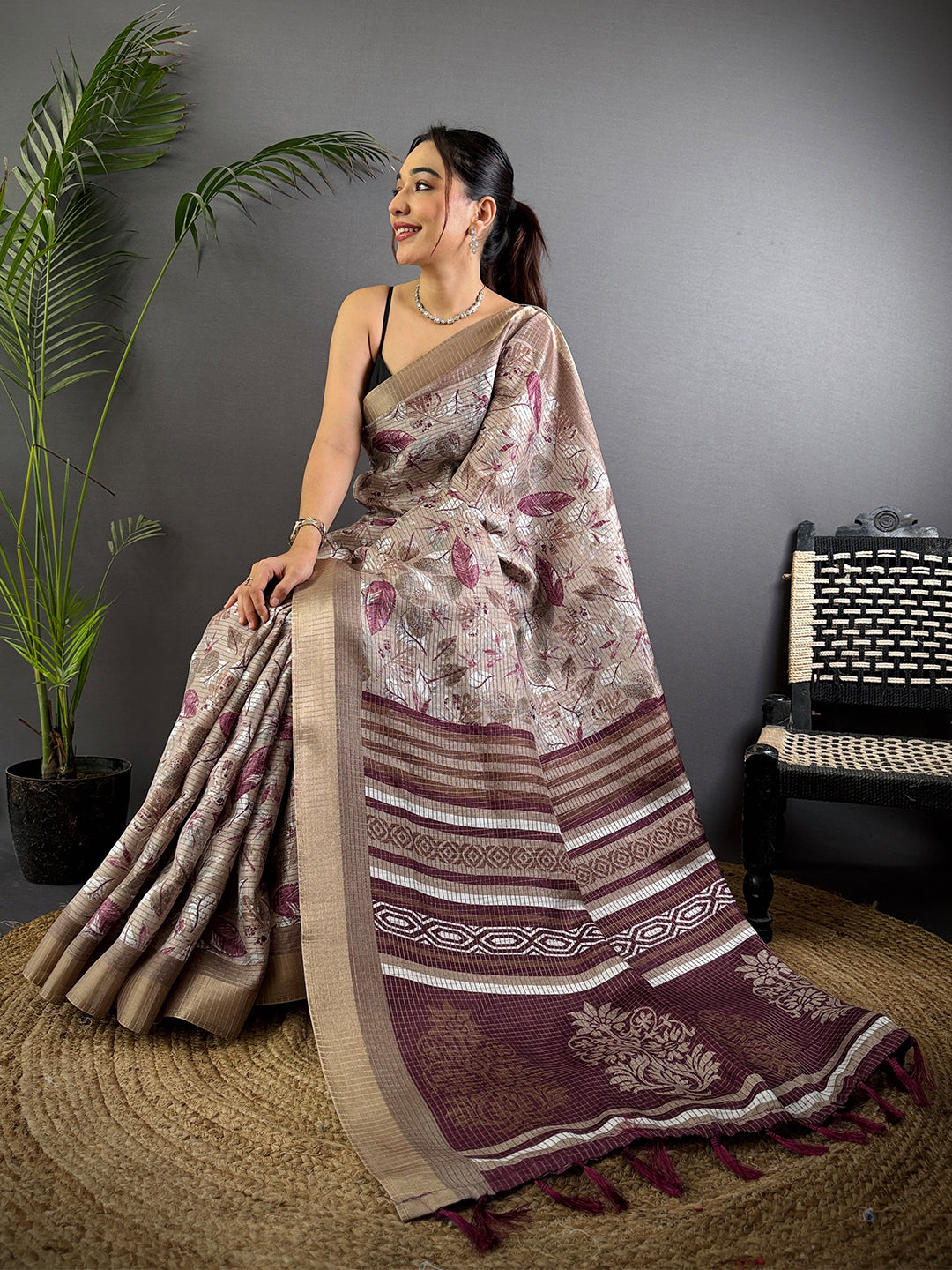 Taupe Tussar Chex Floral Print Saree