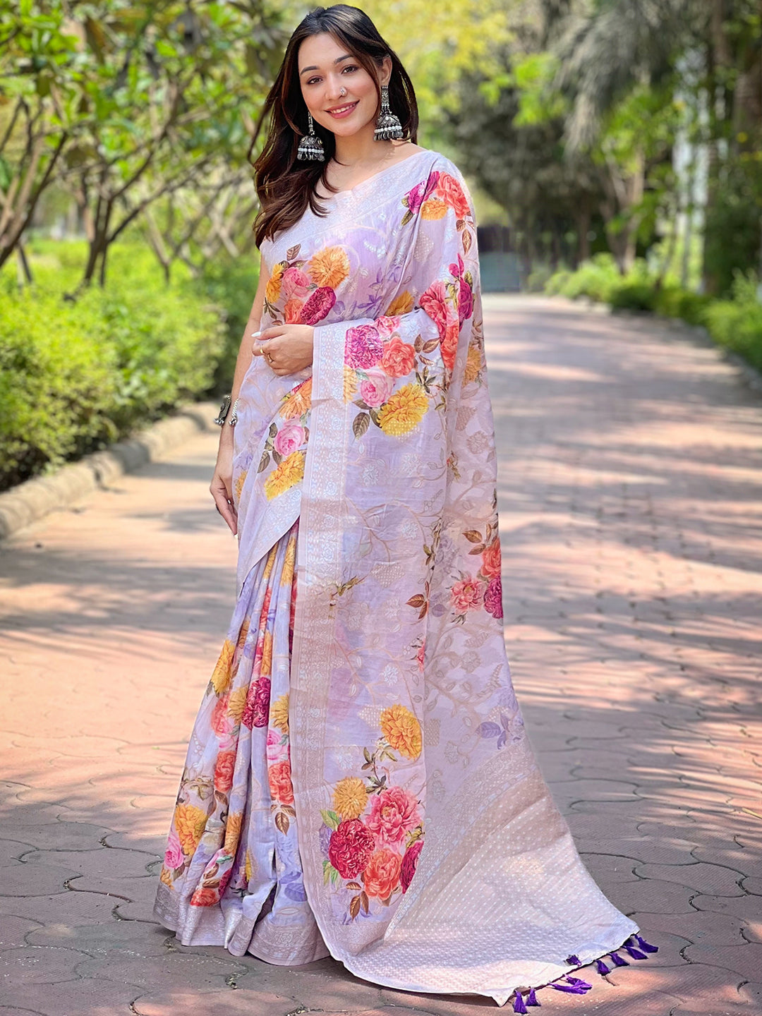 Lavender Silk Saree With Lakhnavi Bandla Zari And Digital Floral Print